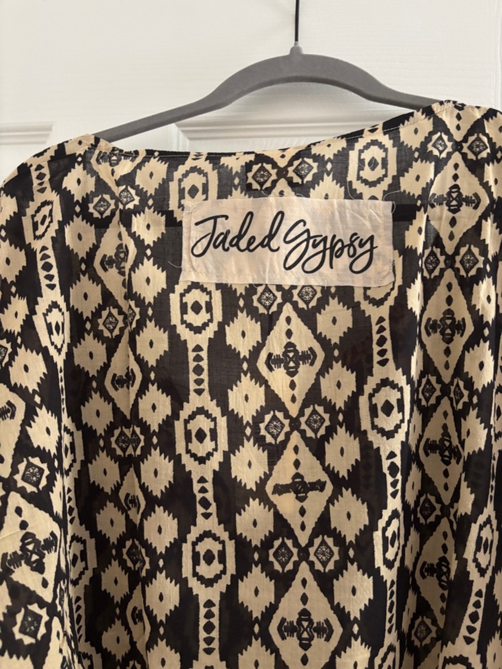 Black and Cream Printed Boho Kimono with Red Trim - Picture 5 of 6